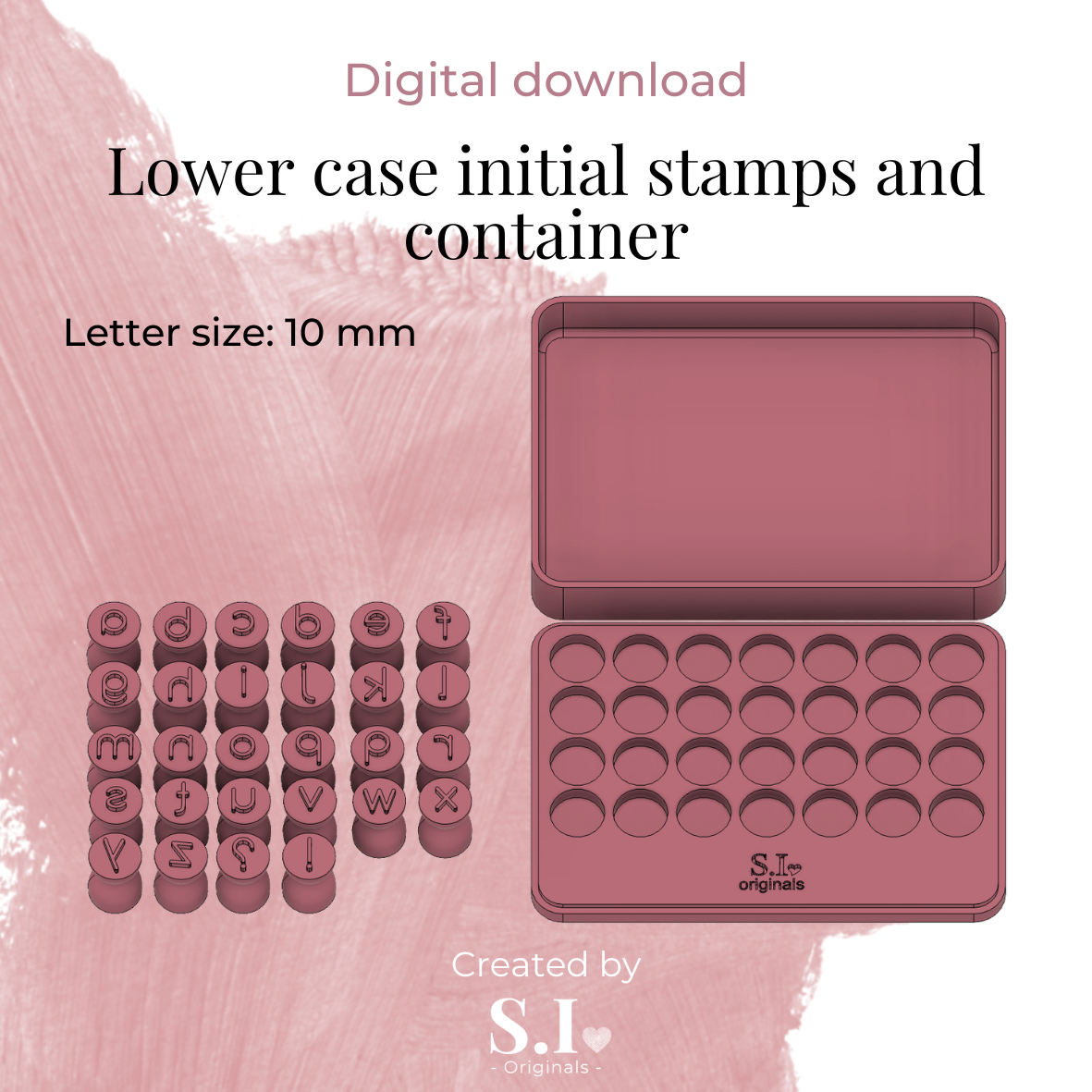 Lower case initial stamps 10 mm and container with lid - digital STL file - S.I. Originals
