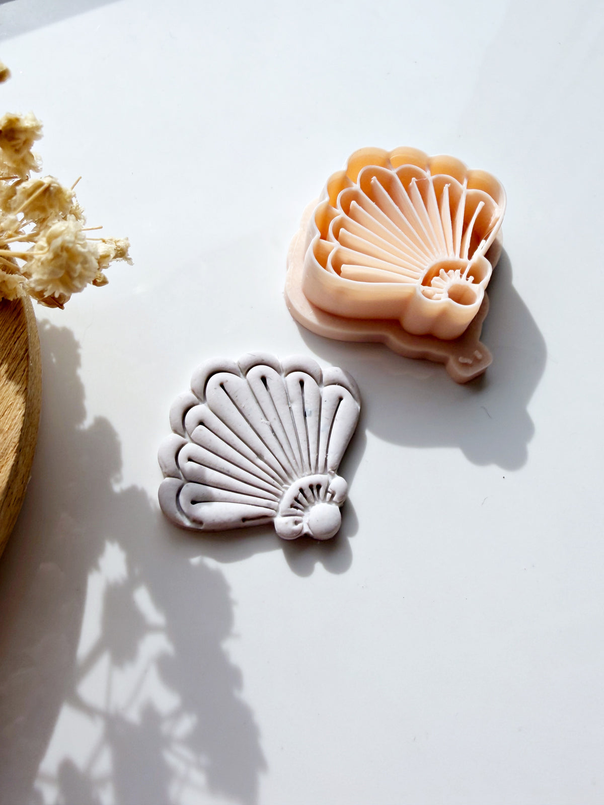 Seashell cookie cutter and fondant stamp set on a white table with dried flowers